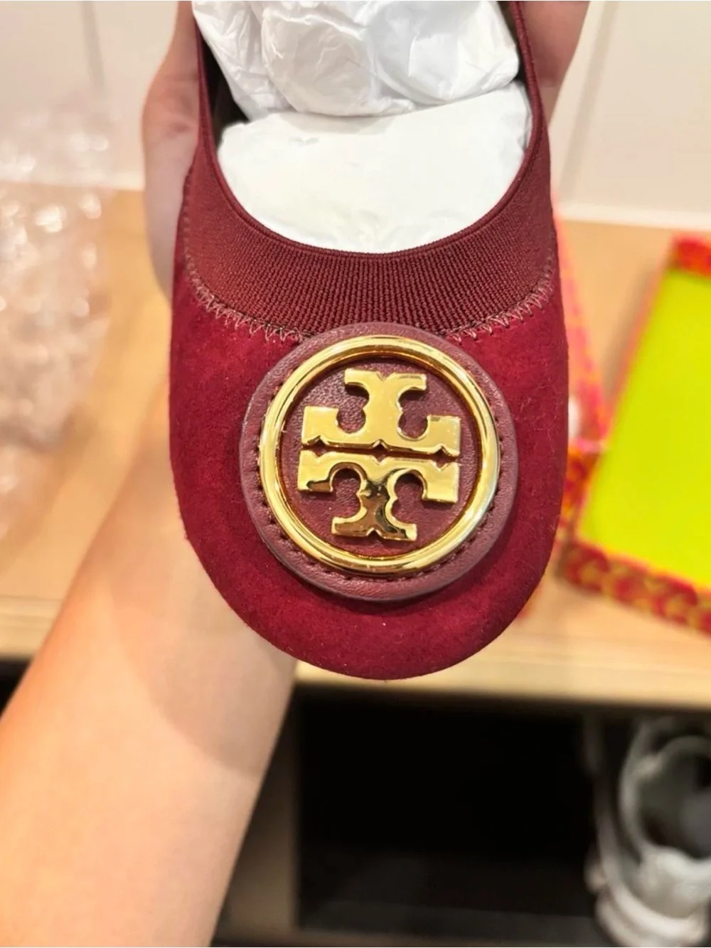 Tory Burch Wine Red Suede Logo Ballet Flats